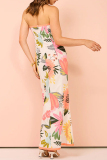 Sexy Floral Print Strapless Sleeveless Lace Up Bow Trim Front Slit Vacation Tube Maxi Dresses