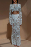 Sexy Lace Floral Print O Neck Long Sleeve Hollow Out Crop Tops And Mermaid Hem Maxi Skirts Beach Vacation Two Pieces Dress Sets