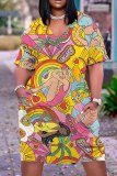 Casual Cartoon Print V Neck Short Sleeve African Baggy T Shirt Midi Dress