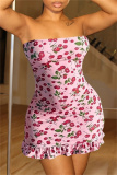 Sexy Fruit Print Backless Strapless Ruffle Hem Wrapped Skirt Tube Bodycon Mini Dresses