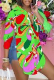 Casual Graphics Print Long Sleeve Turndown Collar Side Slit Irregular Hem Blouse Shirt Tops