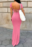 Casual Backless Short Sleeve Cross Straps U Neck Long Vacation Bodycon Maxi Dresses