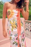 Sexy Floral Print Strapless Sleeveless Lace Up Bow Trim Front Slit Vacation Tube Maxi Dresses
