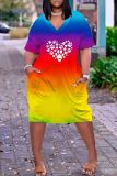 Casual Graphics Print Basic V Neck Short Sleeve Baggy T-shirt Midi Dress