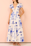 Casual Leaf Print V Neck Short Sleeve Pockets Vacation A Line Swing Maxi Dress