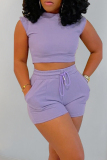 Casual O Neck Sleeveless Pocket Lace Up Crop Tops And Drawstring Shorts Two Pieces Shorts Sets