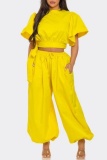Casual O Neck Ruffle Sleeve Lace Up Crop Tops And Pants Two Pieces Tourser Sets