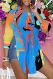 Casual Graphics Print Long Sleeve Turndown Collar Side Slit Irregular Hem Blouse Shirt Tops