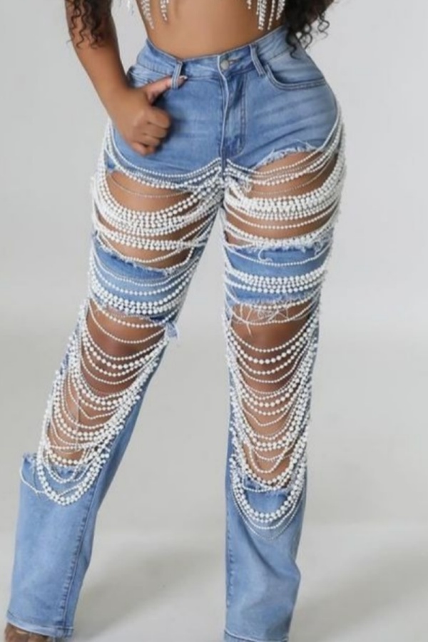 Casual Beads Chain Decor Mid Waist Distressed Straight Ripped Denim Jeans