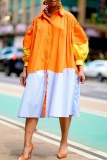 Casual Colorblock Turndown Collar Lantern Sleeve Baggy Vacation Midi Shirt Dresses