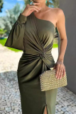 Sexy Sloping Shoulder Long Sleeve Front Knotted Thigh Slit Ruched Formal Vacation Long Maxi Dresses