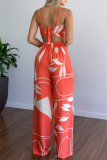 Casual Tropical Print V Neck Sleeveless Front Tie Cami Crop Tops And Wide Leg Pants Vacation Two Pieces Trouser Sets