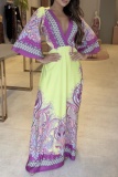 Casual Floral Print V Neck Flare Sleeve Cinch Waist Long A Line Vacation Maxi Dress