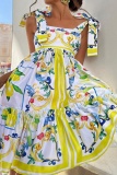 Casual Floral Print Backless Sleeveless Spaghetti Strap Lace Up Vacation Tie Shoulder Ruffle Hem A Line Swing Dresses