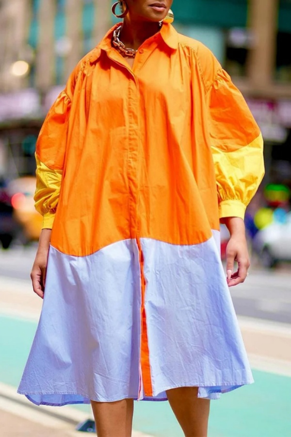 Casual Colorblock Turndown Collar Lantern Sleeve Baggy Vacation Midi Shirt Dresses