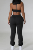 Sportwear Street letter Print U Neck Sleeveless Pocket Lace Up Tank Crop Tops And Legging Pants Two Pieces Trouser Sets