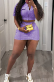 Casual Zipper Collar Short Sleeve Crop Tops And Mini Skirt Pocket Two Pieces Dress Set