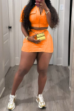 Casual Zipper Collar Short Sleeve Crop Tops And Mini Skirt Pocket Two Pieces Dress Set