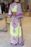 Casual Floral Print V Neck Flare Sleeve Cinch Waist Long A Line Vacation Maxi Dress