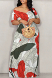 Casual Floral Print Off Shoulder Short Sleeve Pocket Vacation Baggy Maxi Dresses