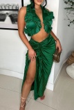 Sexy Backless Sleeveless Slit Halter Ruffle Trim Crop Tops And Thigh Split Pleated Maxi Skirts Vacation Two Pieces Dress Sets