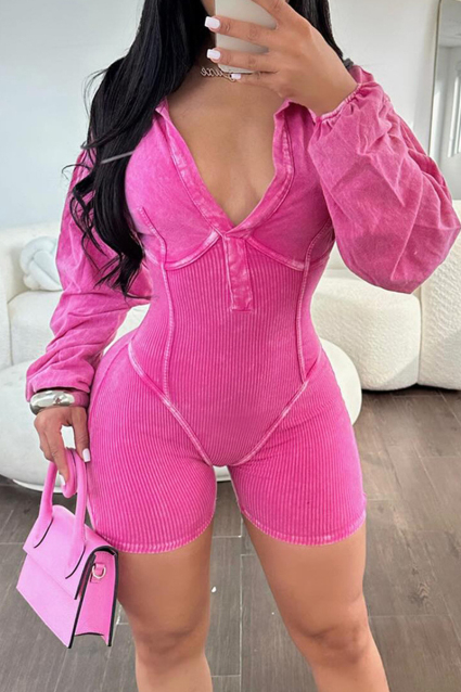 Casual V Neck Long Sleeve Cinch Waist Skinny Rompers Palysuits