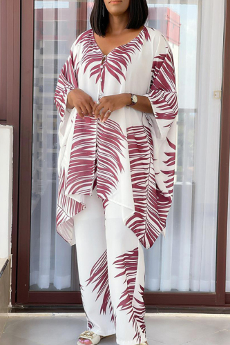 Casual Floral Print V Neck Long Sleeve Buckle Irrugular Hem Blouse And Straight Leg Pant Vacation Two Pieces Trouser Set