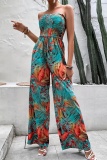 Casual Leaf Print Strapless Sleeveless Vacation Cinch Waist Tube Wide Leg Jumpsuits