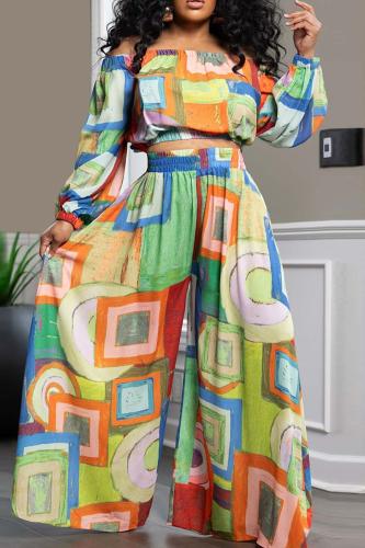 Casual Geometry Print Off Shoulder Long Sleeve Crop Tops And Wide Leg Pants Vacation Two Pieces Trouser Set