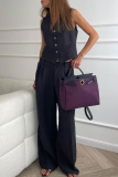 British Style V Neck Sleeveless Buckle Vest Blazer Top And Wide Leg Pants Vacation Formal Office Lady Two Pieces Suit Set