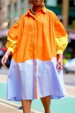 Casual Colorblock Turndown Collar Lantern Sleeve Baggy Vacation Midi Shirt Dresses