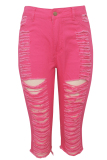 Pink Denim Button Fly Sleeveless High Hole Solid Patchwork pencil Capris Shorts