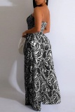 Casual Leaf Print Strapless Sleeveless Vacation Cinch Waist Tube Wide Leg Jumpsuits