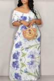 Casual Floral Print Off Shoulder Short Sleeve Pocket Vacation Baggy Maxi Dresses