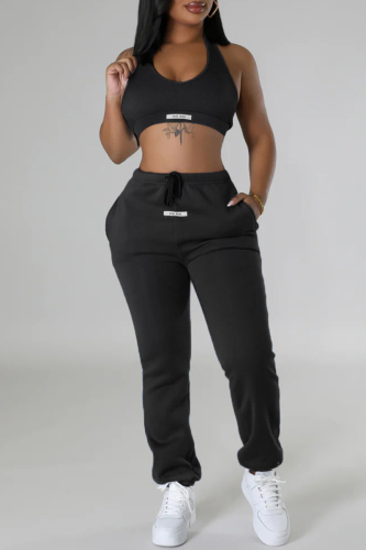 Sportwear Street letter Print U Neck Sleeveless Pocket Lace Up Tank Crop Tops And Legging Pants Two Pieces Trouser Sets