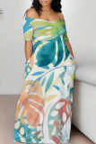 Casual Floral Print Off Shoulder Short Sleeve Pocket Vacation Baggy Maxi Dresses