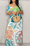 Casual Floral Print Off Shoulder Short Sleeve Pocket Vacation Baggy Maxi Dresses