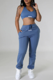 Sportwear Street letter Print U Neck Sleeveless Pocket Lace Up Tank Crop Tops And Legging Pants Two Pieces Trouser Sets