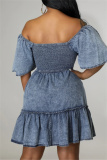 Casual Backless Off Shoulder Ruffle Sleeve Ruffle Hem A Line Vacation Denim Mini Dress
