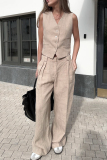 British Style V Neck Sleeveless Buckle Vest Blazer Top And Wide Leg Pants Vacation Formal Office Lady Two Pieces Suit Set