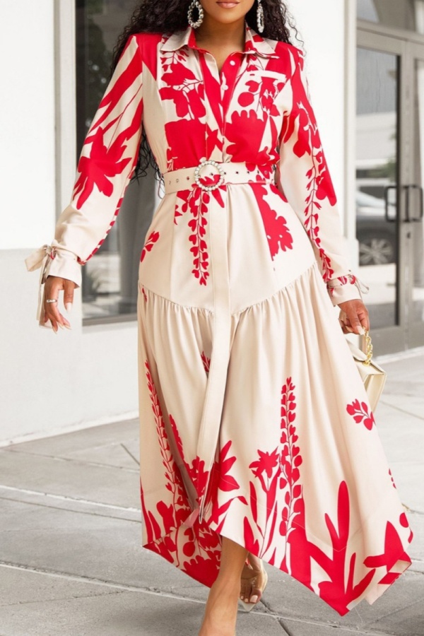 Casual Floral Print Turndown Collar Long Sleeve With Belt Irregular Hem Vacation Maxi Shirt Dresses