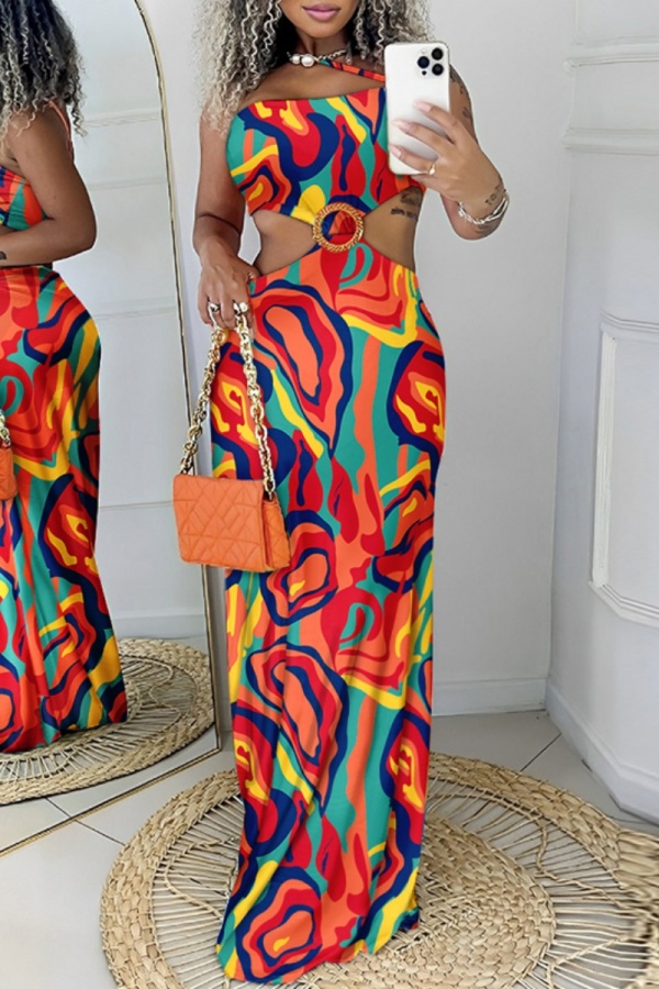 Unique Printed Sexy Strapless Backless Holiday Casual Maxi Dress