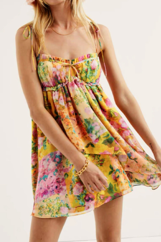 Sexy Floral Print U Neck Sleeveless Lace Up Stringy Selvedge Ruffle Trim Vacation Slip Mini Dresses