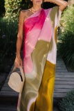 Casual Ombre Print Backless Oblique Collar One Shoulder Floor Length Vacation Long Baggy Maxi Dresses