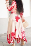 Casual Floral Print Turndown Collar Long Sleeve With Belt Irregular Hem Vacation Maxi Shirt Dresses
