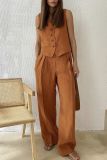 British Style V Neck Sleeveless Buckle Vest Blazer Top And Wide Leg Pants Vacation Formal Office Lady Two Pieces Suit Set