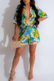 Casual Tropical Print Turndown Collar Half Sleeve Buckle Wave Trim Shirt And Shorts Vacation Two Pieces Shorts Sets
