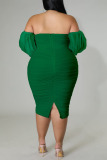 Sexy Backless Off Shoulder Puff Sleeve Slit Wrapped Skirt Formal Plus Size Bodycon Midi Dresses