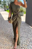 Sexy Sloping Shoulder Long Sleeve Front Knotted Thigh Slit Ruched Formal Vacation Long Maxi Dresses