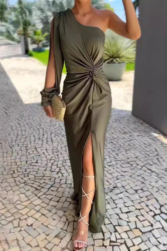 Sexy Sloping Shoulder Long Sleeve Front Knotted Thigh Slit Ruched Formal Vacation Long Maxi Dresses